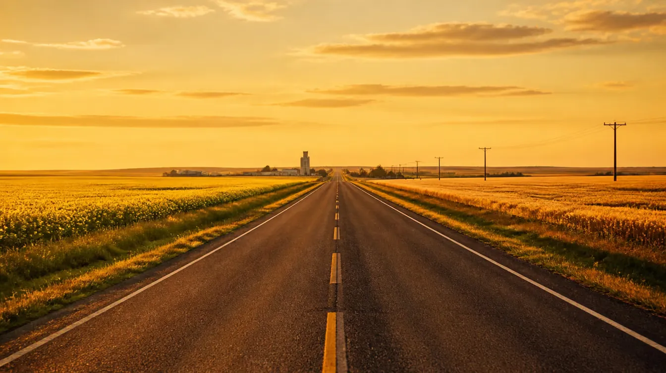 A two-lane prairie highway at golden hour leading toward a grain elevator on the horizon near Assiniboia